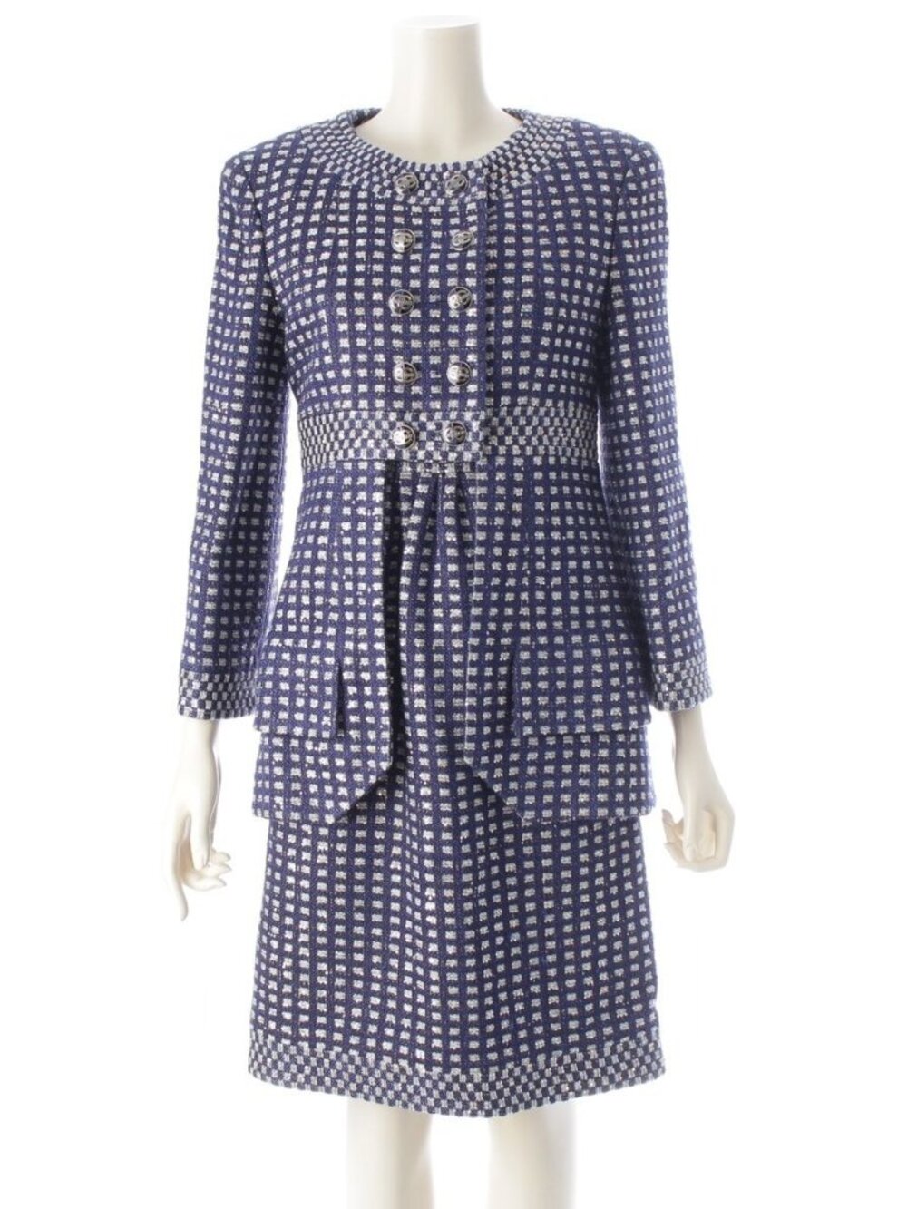 Chanel CC Logo Button Tweed Sequin Jacket Dress Set Blue 36